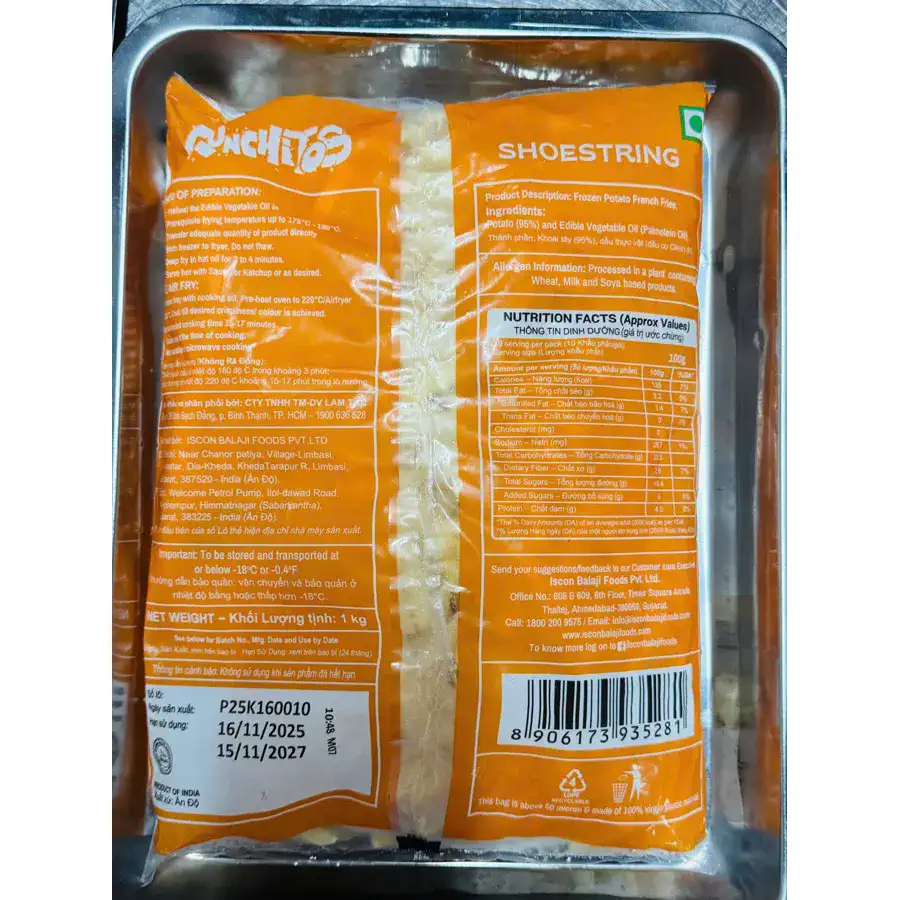 Mặt sau gói Crunchitos Shoestring: thành phần, dinh dưỡng, hướng dẫn