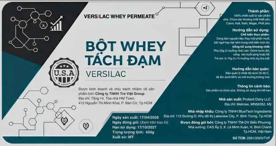 Tem nhãn Bột Whey Tách Đạm Versilac – Versilac Whey Permeate 450g